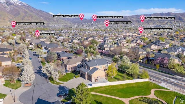 aerial view featuring a residential view and a mountain view