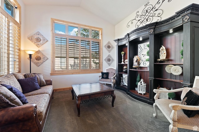 sitting room with vaulted ceiling and carpet flooring