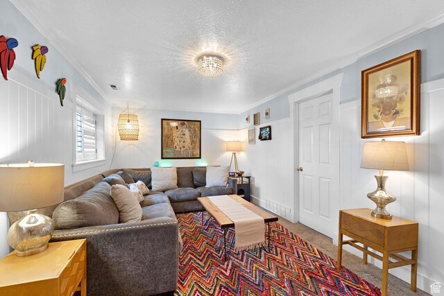 1480 W 650 S, Lehi, UT 84043 - carpeted living room featuring crown molding, visible vents, and a textured ceiling