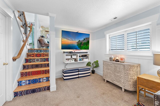 1480 W 650 S, Lehi, UT 84043 - carpeted living room featuring visible vents, a textured ceiling, and stairs