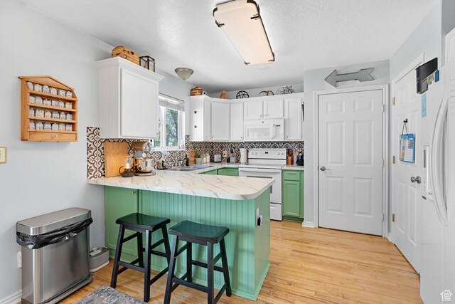 1480 W 650 S, Lehi, UT 84043 - kitchen with white appliances, light wood-style floors, white cabinetry, and a peninsula