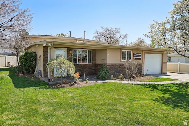 ranch-style house featuring stucco siding, stone siding, an attached garage, a front lawn, and fence
