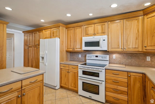 kitchen with decorative backsplash, white appliances, light tile patterned floors, and recessed lighting