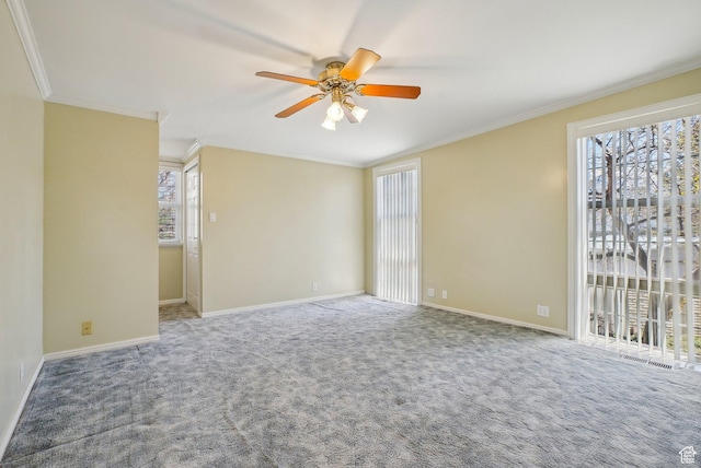 spare room featuring crown molding, a healthy amount of sunlight, a ceiling fan, and carpet