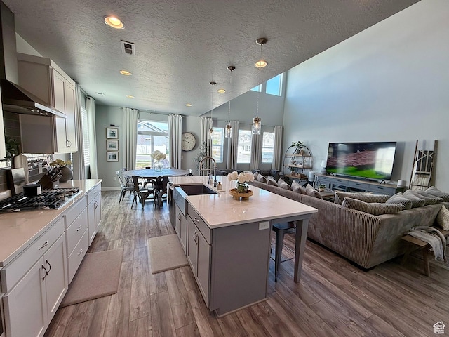 kitchen with wall chimney range hood, open floor plan, stainless steel gas stovetop, and visible vents