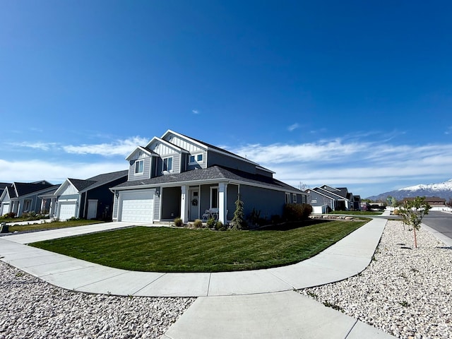 view of property exterior with a residential view, an attached garage, driveway, and a lawn
