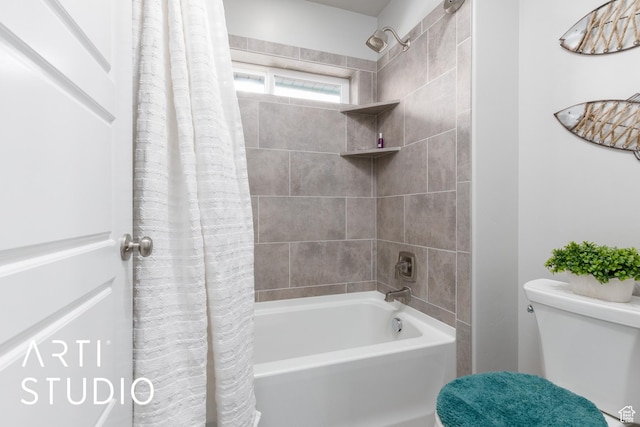 full bathroom featuring toilet and shower / bath combination with curtain