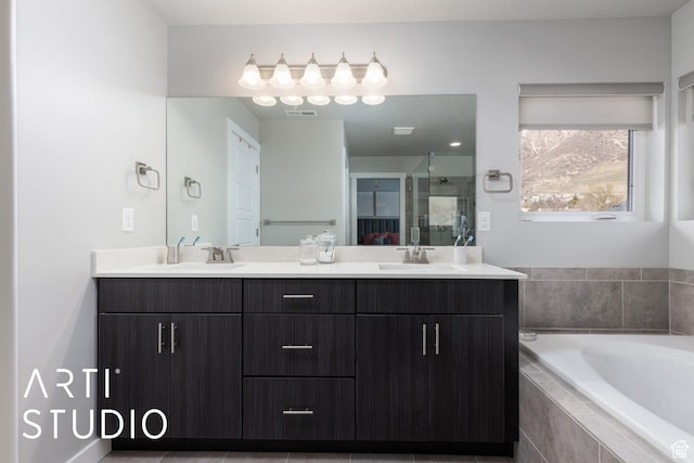 bathroom with visible vents, a bath, a sink, a shower stall, and double vanity