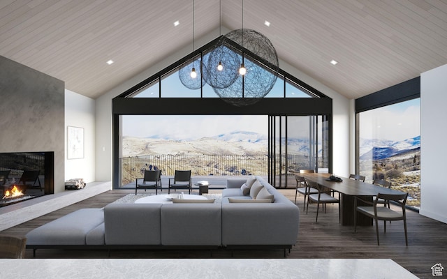 4307 E Escalante Ln, Kamas, UT 84036 - living room featuring high vaulted ceiling, a large fireplace, a mountain view, wood finished floors, and recessed lighting