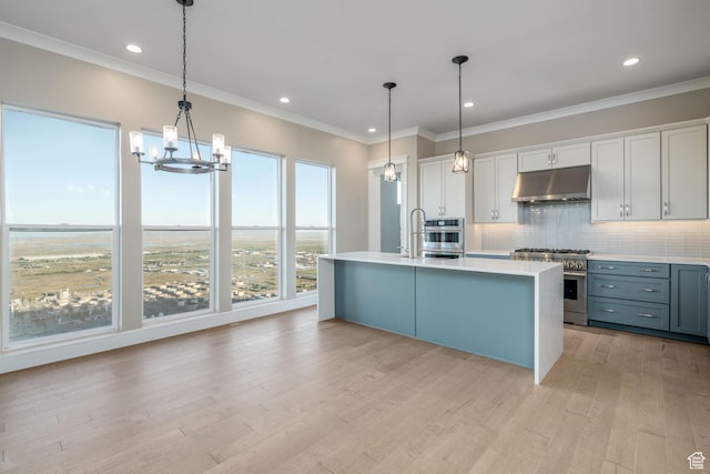 946 S Winter Ln S Unit 213, North Salt Lake, UT 84054 - kitchen featuring under cabinet range hood, appliances with stainless steel finishes, a chandelier, light countertops, and light wood finished floors