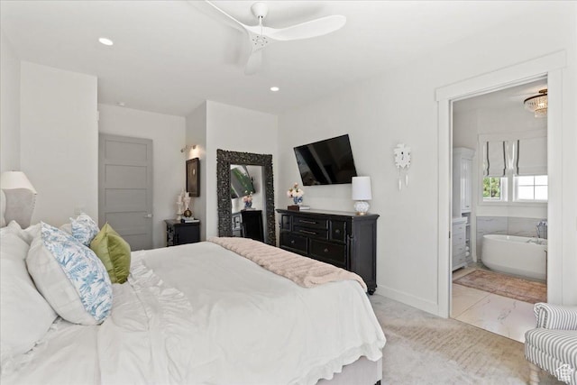 bedroom featuring ceiling fan, connected bathroom, recessed lighting, marble finish floor, and baseboards
