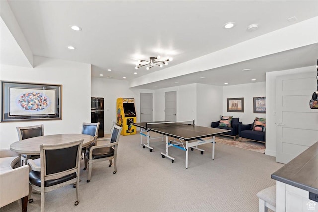game room featuring light carpet, baseboards, and recessed lighting