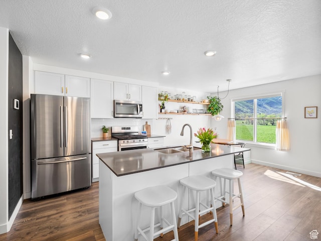 kitchen featuring dark wood-type flooring, a textured ceiling, dark countertops, a sink, and stainless steel appliances