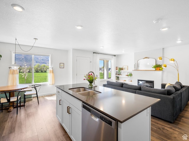 kitchen featuring stainless steel dishwasher, a glass covered fireplace, dark wood-style flooring, a sink, and dark countertops