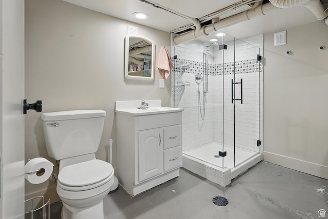1148 E Kensington Ave, Salt Lake City, UT 84105 - full bath with visible vents, toilet, vanity, finished concrete flooring, and a stall shower