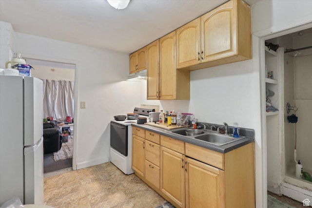 14 E Main St, Goshen, UT 84633 - kitchen featuring light brown cabinetry, a sink, white appliances, and dark countertops