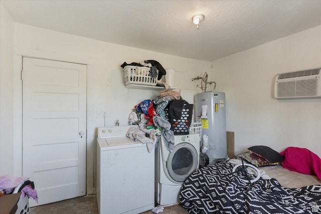 14 E Main St, Goshen, UT 84633 - clothes washing area with electric water heater, an AC wall unit, and separate washer and dryer