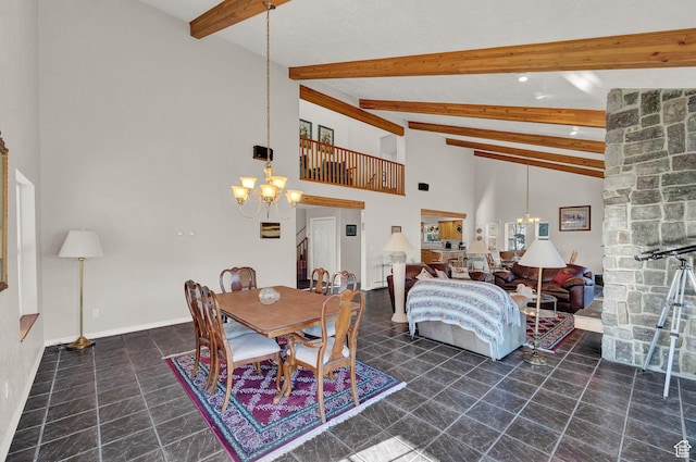 9906 E Lake Pines Dr Unit 1187, Heber City, UT 84032 - dining area featuring an inviting chandelier, baseboards, beamed ceiling, and high vaulted ceiling