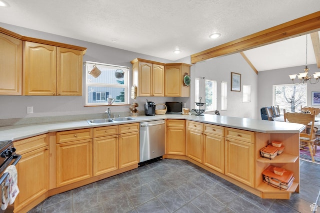 9906 E Lake Pines Dr Unit 1187, Heber City, UT 84032 - kitchen featuring a sink, a peninsula, lofted ceiling with beams, stainless steel dishwasher, and stove