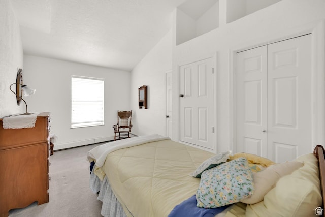 9906 E Lake Pines Dr Unit 1187, Heber City, UT 84032 - bedroom featuring lofted ceiling, carpet floors, a closet, and baseboard heating