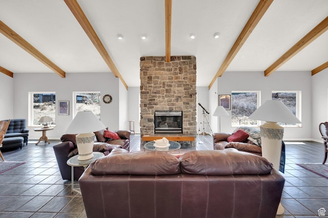 9906 E Lake Pines Dr Unit 1187, Heber City, UT 84032 - living room with a fireplace, a wealth of natural light, dark tile patterned flooring, and beam ceiling