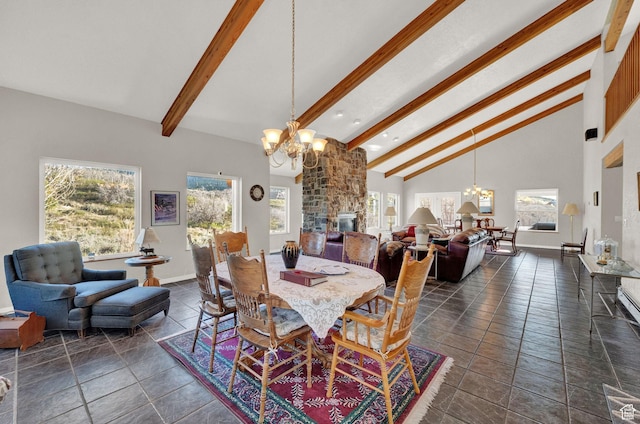 9906 E Lake Pines Dr Unit 1187, Heber City, UT 84032 - dining area with baseboards, an inviting chandelier, beam ceiling, and high vaulted ceiling