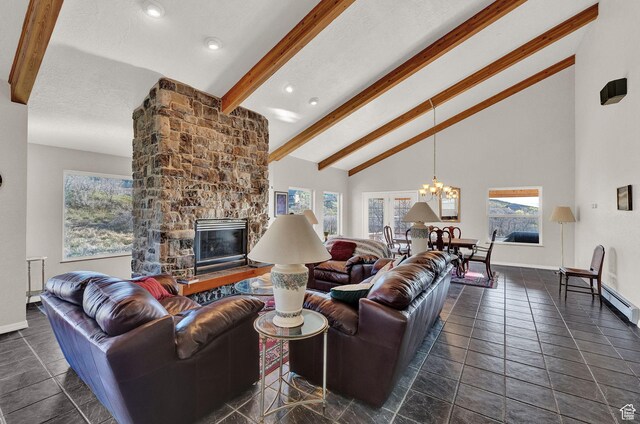 9906 E Lake Pines Dr Unit 1187, Heber City, UT 84032 - living room featuring a notable chandelier, a wealth of natural light, high vaulted ceiling, a fireplace, and beam ceiling