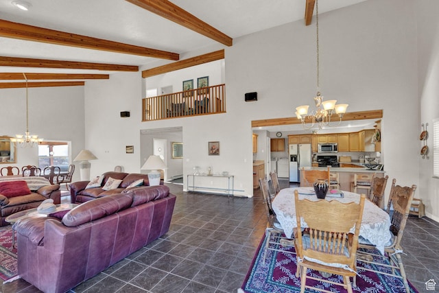 9906 E Lake Pines Dr Unit 1187, Heber City, UT 84032 - dining room with baseboards, a notable chandelier, beam ceiling, and high vaulted ceiling