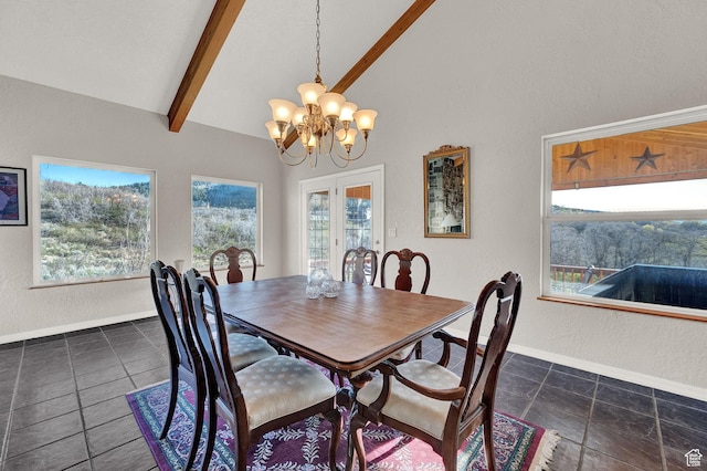 9906 E Lake Pines Dr Unit 1187, Heber City, UT 84032 - dining room featuring baseboards, a textured wall, dark tile patterned flooring, beamed ceiling, and a notable chandelier
