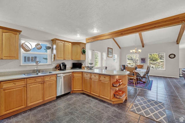 9906 E Lake Pines Dr Unit 1187, Heber City, UT 84032 - kitchen featuring a peninsula, a sink, lofted ceiling with beams, a notable chandelier, and stainless steel dishwasher