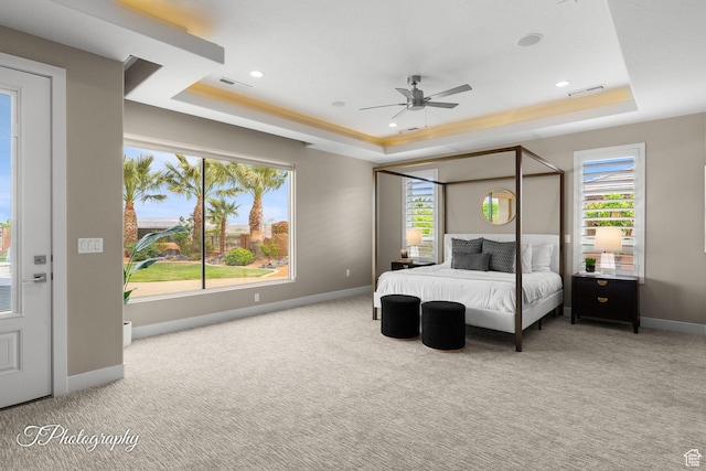 carpeted bedroom with visible vents, a raised ceiling, and multiple windows