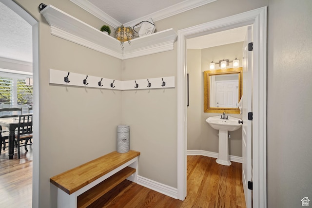 1778 E Indian Wells Ln, Draper, UT 84020 - mudroom with crown molding, wood finished floors, a sink, and baseboards