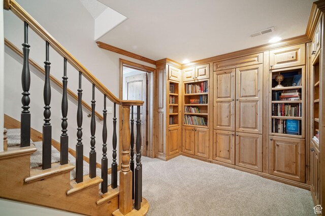 1778 E Indian Wells Ln, Draper, UT 84020 - stairs featuring built in features, carpet flooring, visible vents, and crown molding