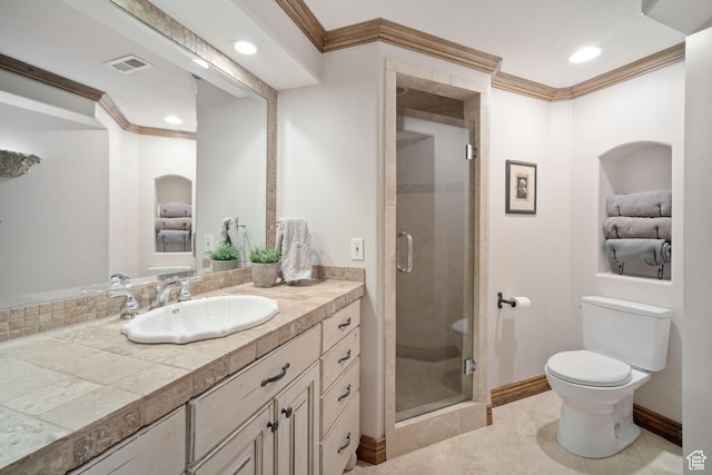 1778 E Indian Wells Ln, Draper, UT 84020 - bathroom featuring vanity, ornamental molding, toilet, a shower stall, and visible vents