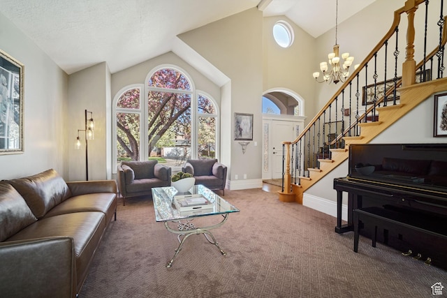 1778 E Indian Wells Ln, Draper, UT 84020 - living area with high vaulted ceiling, stairway, plenty of natural light, and carpet