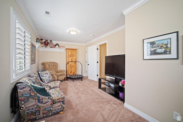 1778 E Indian Wells Ln, Draper, UT 84020 - carpeted living room featuring visible vents, baseboards, and ornamental molding