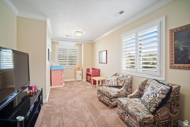 1778 E Indian Wells Ln, Draper, UT 84020 - living area featuring carpet, a textured ceiling, ornamental molding, visible vents, and baseboards