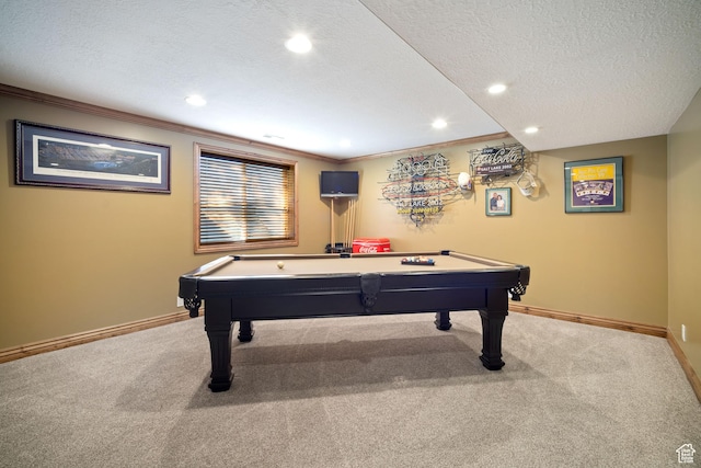 1778 E Indian Wells Ln, Draper, UT 84020 - game room featuring a textured ceiling, baseboards, ornamental molding, and carpet floors