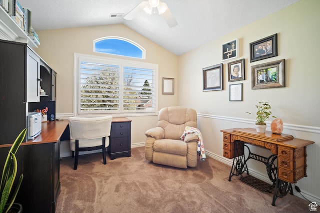 1778 E Indian Wells Ln, Draper, UT 84020 - office with light carpet, visible vents, a ceiling fan, and lofted ceiling