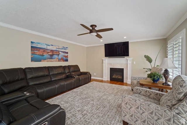1778 E Indian Wells Ln, Draper, UT 84020 - living area featuring a fireplace, a ceiling fan, ornamental molding, and wood finished floors