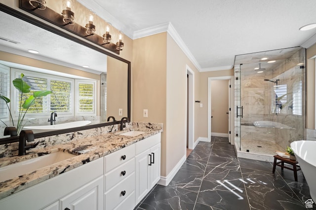 1778 E Indian Wells Ln, Draper, UT 84020 - bathroom featuring a stall shower, marble finish floor, a sink, and baseboards
