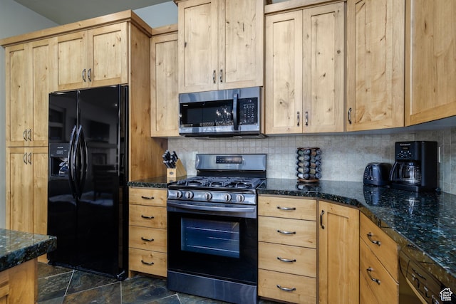 kitchen with stone finish flooring, decorative backsplash, light brown cabinetry, and black appliances