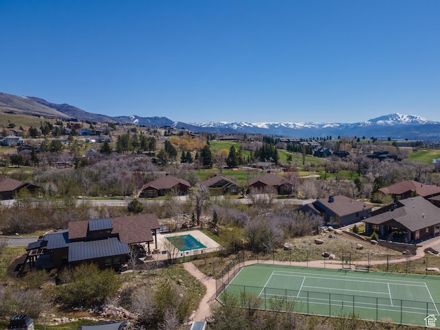 bird's eye view featuring a mountain view and a residential view