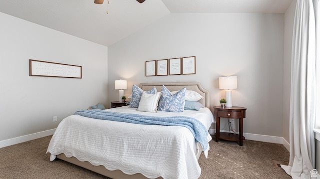 bedroom with carpet flooring, baseboards, vaulted ceiling, and ceiling fan