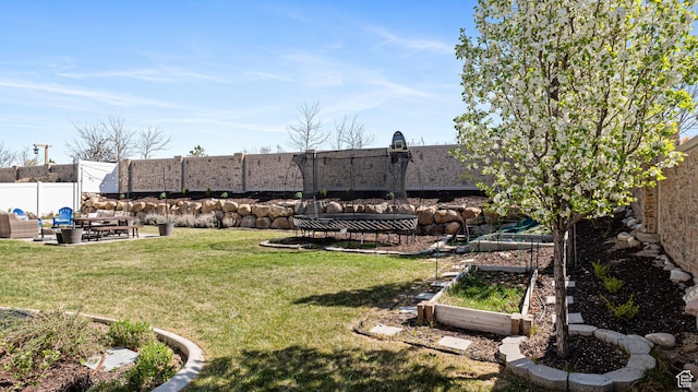 view of yard with a patio area, a garden, a fenced backyard, and an outdoor hangout area