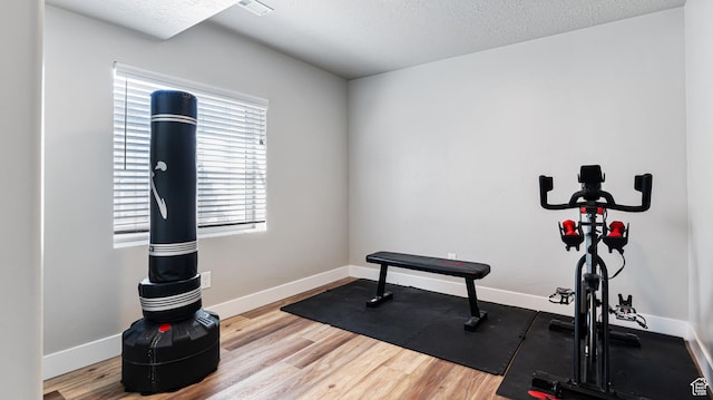 workout area with baseboards, a textured ceiling, and wood finished floors