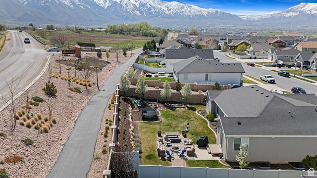 aerial view featuring a residential view and a mountain view