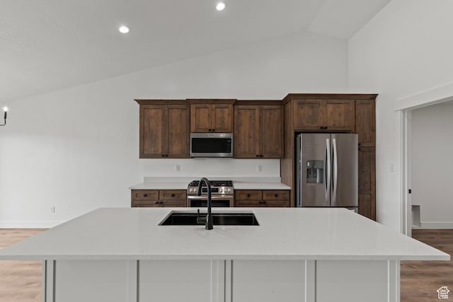 232 N 300 W, Preston, ID 83263 - kitchen with stainless steel appliances, vaulted ceiling, a sink, light wood-style flooring, and a center island with sink