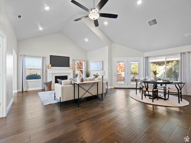 1262 S 50 E Unit 3, Lehi, UT 84043 - living room with high vaulted ceiling, visible vents, and dark wood-style flooring