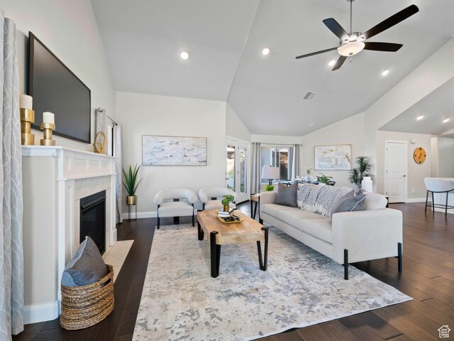 1262 S 50 E Unit 3, Lehi, UT 84043 - living area with baseboards, ceiling fan, recessed lighting, vaulted ceiling, and a premium fireplace